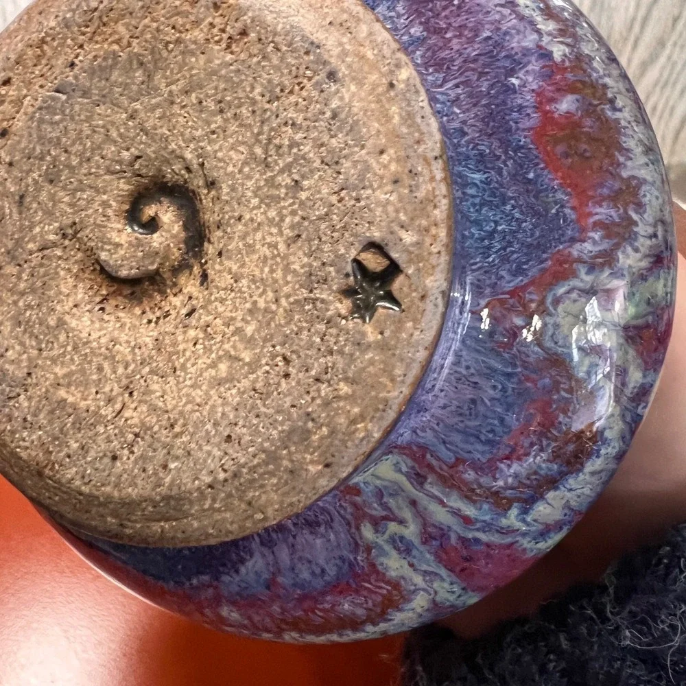 Quality‎ small pottery vase blues and pinks and teals, signed Vintage